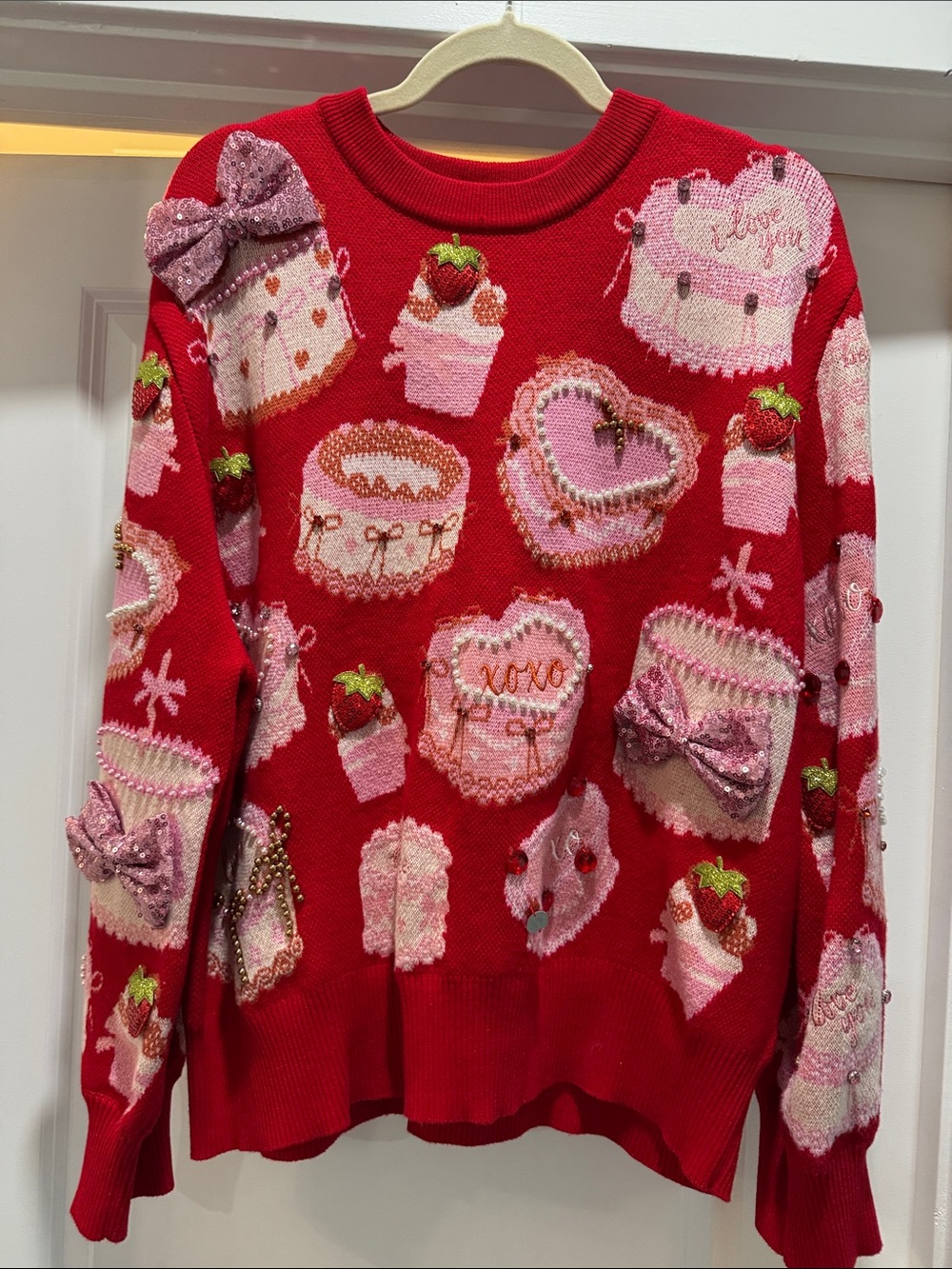QUEEN OF SPARKLES Valentine’s Red Sweater with Pink Embellishments